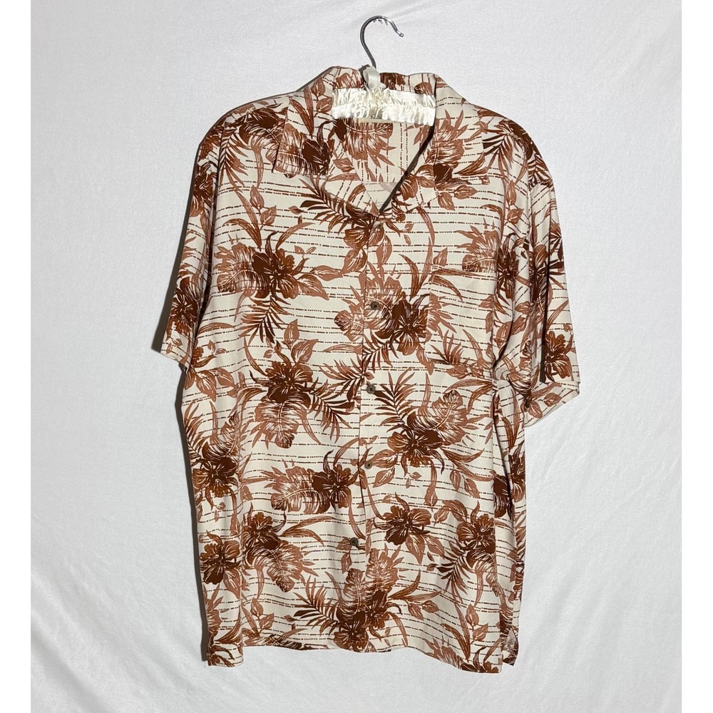 Island Republic Mens XL Silk/Rayon Floral Camp Shirt Brown Cream Hawaiian
